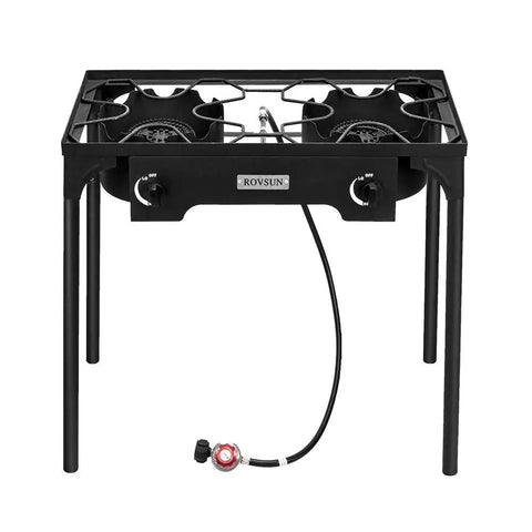 2 Burner Outdoor Portable Propane Stove With Cast Iron Burners And Detachable Stand Legs For Camp Cooking Heavy Duty Gas Cooker