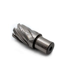 Side view of Oscarbide 15/16x1 in annular cutter with 3/4 in Weldon shank, spiral flutes