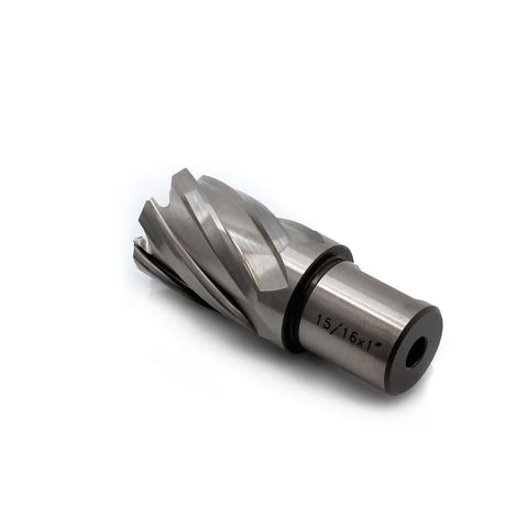 Side view of Oscarbide 15/16x1 in annular cutter with 3/4 in Weldon shank, spiral flutes