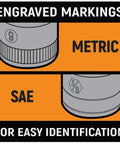 Three Eighths Inch Drive Six Point SAE Socket Set, Thirteen Piece, Nickel Chrome Plated Alloy Steel, with size markings