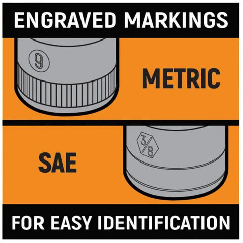 Three Eighths Inch Drive Six Point SAE Socket Set, Thirteen Piece, Nickel Chrome Plated Alloy Steel, with size markings