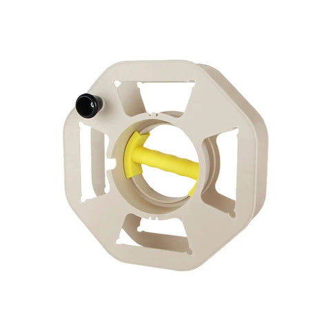 Sweet Compact Cord Reel With Quick Wind Handle And Heavy Duty Abs Build Making It An Easy Peasy Go To Cable Manager For Shops Or Households Adding Nifty Plug Storage And Anti Slip Grip For Zero Tangle Wire Organization, beige color, with yellow handle.