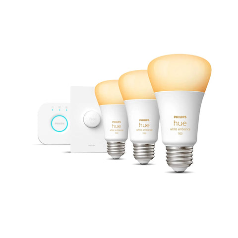 Hue Smart Light Starter Kit With Bridge Smart Button And Three White Ambiance 75W A19 LED Bulbs warm to cool white 1100LM E26