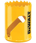 Heavy Duty 1-5/8 Inch Bi Metal Hole Saw With Quick Core Kickout Slot shown in yellow color, ideal for clean holes in softwood and drywall.