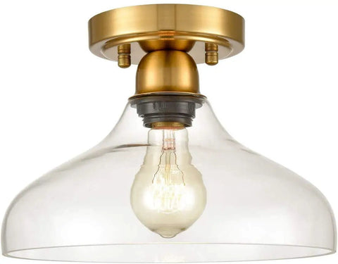 Modern Glass Semi Flush Mount Ceiling Light In Brass Finish With Handblown Glass Shade For Hallway Bedroom Bathroom And Kitchen