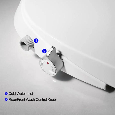 Close-up of non electric bidet toilet seat with self cleaning retractable nozzle, showing water inlet and control knob for elongated white toilets.