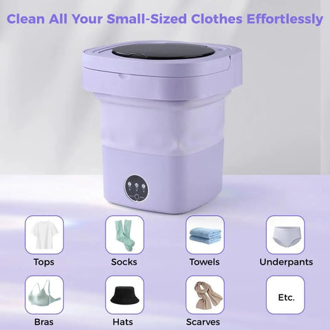 Portable Mini Washing Machine, 10 5 Liter Foldable Compact Laundry Spin Dryer With Quick Timer in lavender color with touch control.