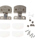 Pack of 2 stainless steel glass door hinge pivot clamps for bathroom cabinets, includes screws and soft-close components, satin nickel finish.
