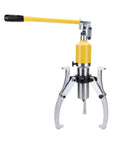 Heavy Duty Hydraulic Gear Puller With Two Or Three Jaws For Bearing Hub And Flange Removal Up To Ten Ton Capacity tool with yellow handle and steel jaws.