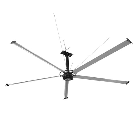 Tank Built 18 Foot HVLS Industrial Ceiling Fan 208 To 240V Three Phase with aluminum blades for large warehouse airflow.