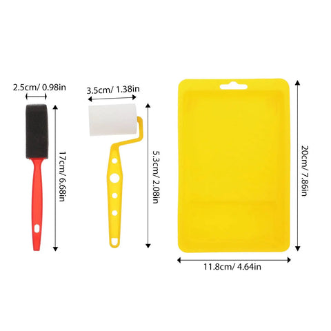 Premium Top Shelf Paint Roller And Bristle Brush Kit With Heavy Duty No Drip Tray Plus Ultra Soft Sponge Rollers For Smooth Wall Coating and No Sweat Weekend Projects set, including sponge roller, bristle brush, and tray.