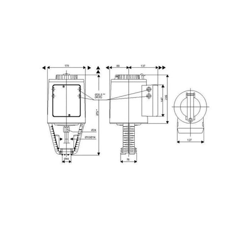 Compact Electric Hydraulic Reset Actuator SKB62 dimensions drawing for damper control in ventilation systems.