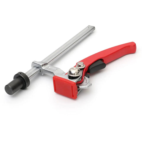 Hold Down Clamp With Quick Acting Ratchet for Woodworking Benches and Desktop Clips, red handle, alloy steel build, side view.