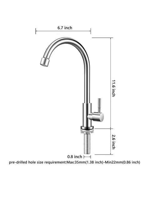 Straight Up Brushed Nickel Cold Water Faucet Single Handle Single Hole Setup For Kitchen Or Outdoor Use Built Heavy Duty With Lead Free Stainless Steel And Extended Threaded Rod For Hassle Free Install dimensions displayed in inches