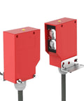 Front and side view of Built Tough Through Beam Photoelectric Sensor With Infrared Switch 10 Meter Sensing Range IP67 Waterproof 24-220V ACDC 5 Wire Square Mount Ideal For Industrial Automation And Harsh Environments.