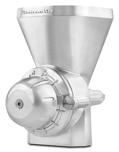 KitchenAid grain mill attachment, all-metal construction, front view with large hopper and adjustment knob