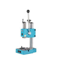 Built Tough As Nails Cast Iron Arbor Press With Dead Simple Auto Reset Spring Loaded Handle For Benchtop Shaft Punching Bending And Quick Stretching Projects, blue frame, vertical design, benchtop use.