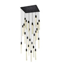 Modern 25 Light Crystal Pendant Ceiling Fixture With Matte Black Metal Frame And Contemporary Design For Indoor Living Spaces That Brings Straight Fire Vibes And Premium Swag, hanging with crystal rods.