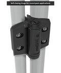 Heavy Duty Chain Link Gate Hinges Built Tough Holds Tight Self Closing Tension Adjustable Black hinge on round post for outdoor use.