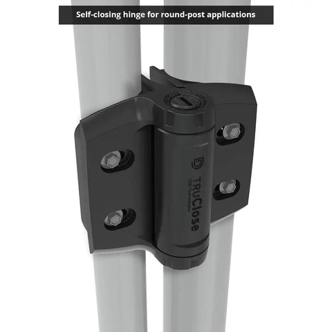 Heavy Duty Chain Link Gate Hinges Built Tough Holds Tight Self Closing Tension Adjustable Black hinge on round post for outdoor use.