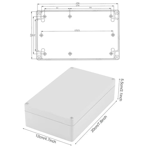 Diagram and side view of IP65 Waterproof ABS Plastic Project Box Power Control Enclosure 200x120x56mm for electrical protection