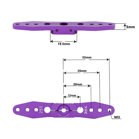 Two Pack 25T Double Servo Horn Steering Arm 70mm Long For 1/8 And 1/10 RC Cars, Aluminum, M3 6 Holes, 20mm 32mm Hole Spacing, Purple