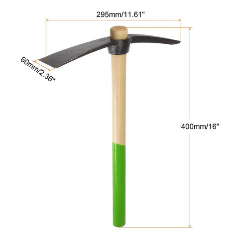 Single Head Sharp Hoe With 16 Inch Wooden Handle Forged Steel Garden Hoe For Weeding Digging And Loosening Soil Built Tough Durable Construction With Non Slip Rubber Grip shown with measurements