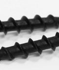 Number Six By One Inch Black High Hardness Drywall Screws With Coarse Threads For Drywall To Wood Or Metal Studs, Phillips Drive, Bugle Head, Ideal For Particle Board, Wood And More, 100 Pack. Close-up of two screws showing coarse threads and bugle head.
