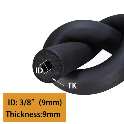 Close-up of Pipe Insulation Foam Tube 3/8 Inch ID, 3/8 Inch Wall, 6 Feet Long Black EPDM Tubing showing dimensions