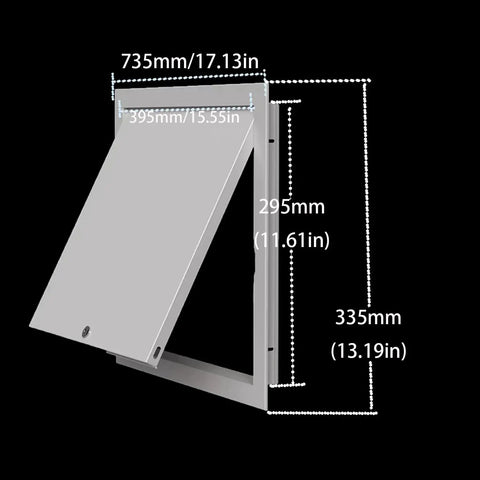 Heavy Duty Steel Access Panel Door dimensions shown, featuring lockable reinforced metal frame for drywall ceiling and attic use.