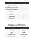 Product specifications table for Premium X Axis Assembly Replacement, showing metal material and packing details.