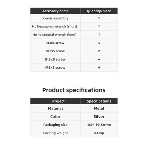 Product specifications table for Premium X Axis Assembly Replacement, showing metal material and packing details.