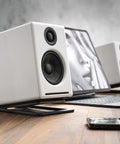 Metal Speaker Stands Pair For Your Desk Setup And Small Bookshelf Speakers Studio Monitors And Gaming Speakers With A 15 Degree Tilt To Boost Soundstage By 20 Percent Sturdy Desk Mounts Black featuring white speakers on desk