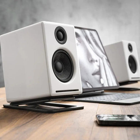 Metal Speaker Stands Pair For Your Desk Setup And Small Bookshelf Speakers Studio Monitors And Gaming Speakers With A 15 Degree Tilt To Boost Soundstage By 20 Percent Sturdy Desk Mounts Black featuring white speakers on desk