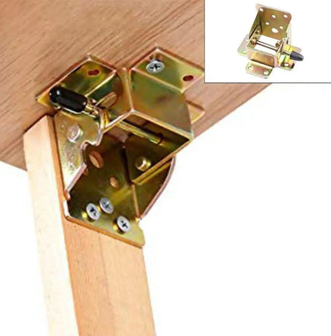 Kickass 90 Degree Folding Self Locking Hinge With Heavy Duty Furniture Foot Bracket Galvanized Metal Iron Dark Bronze Finish For Cabinets That Really Hold Their Ground Smoothly Every Single Time Without Any Hassle, shown installed on wood.