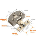 90 Degree Glass Door Hinge With Adjustable Clamp For 5 to 8mm Glass, Zinc Alloy Durable Pet Door Hinge, shown with dimensions