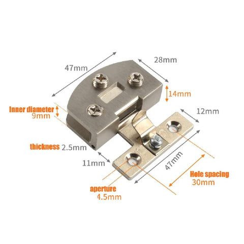 90 Degree Glass Door Hinge With Adjustable Clamp For 5 to 8mm Glass, Zinc Alloy Durable Pet Door Hinge, shown with dimensions