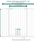 Extra Tall Walk Thru Pet Gate For Large Dogs With Adjustable Pass Through Door Pressure Mounted Safety Barrier No Sweat Setup Wide White Metal Dog Fence Rock Solid And Built Tough dimensions showing 41 inch height and adjustable opening size.