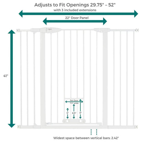 Extra Tall Walk Thru Pet Gate For Large Dogs With Adjustable Pass Through Door Pressure Mounted Safety Barrier No Sweat Setup Wide White Metal Dog Fence Rock Solid And Built Tough dimensions showing 41 inch height and adjustable opening size.