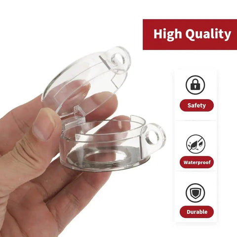 Hand holding Emergency Stop Button Lockout Cover Kit 1.18 Inch 30mm Round Push Button Switch Guards Padlock Ready