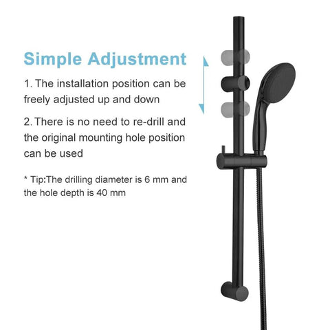 Shower Slide Bar 28 Inch Adjustable Distance From 19 To 27 Inches With 360 Degree Rotating Handheld Shower Head Holder Wall Mounted Matte Black Bathroom Upgrade, shown with simple adjustment instructions.