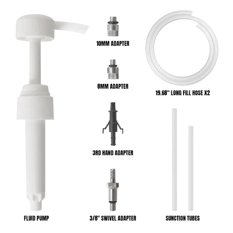 Lower Unit Gear Oil Pump Kit For Quart Bottles With 3rd Hand Adapter, 3/8 Inch Swivel, 8mm and 10mm Adapters, Long Fill Hoses