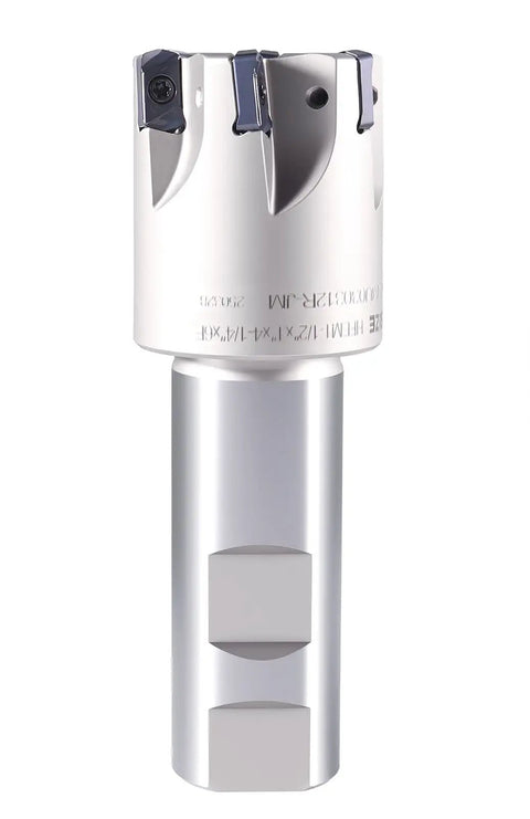 Beefy High Feed Indexable End Mill With One And A Half Inch Cutter Diameter And One Inch Shank Six Flutes Accepts LNMU030312R-JM Inserts