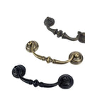 Three vintage brass pull handles for cabinets and drawers, classic European home decor hardware for furniture, antique style.
