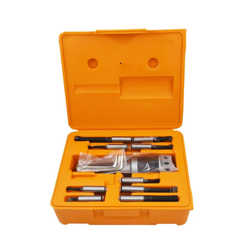 2 Inch Boring Head R8 Shank Set with Nine Carbide Boring Bars One Half Inch for Milling Machines in orange case
