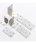 Rock Solid Eight Piece Stainless Steel L Shape Corner Brackets For Heavy Duty Shelving With Kickass Load Bearing Power That Keeps Every Workshop Setup Locked Down Tight displaying various sizes of stainless steel brackets.