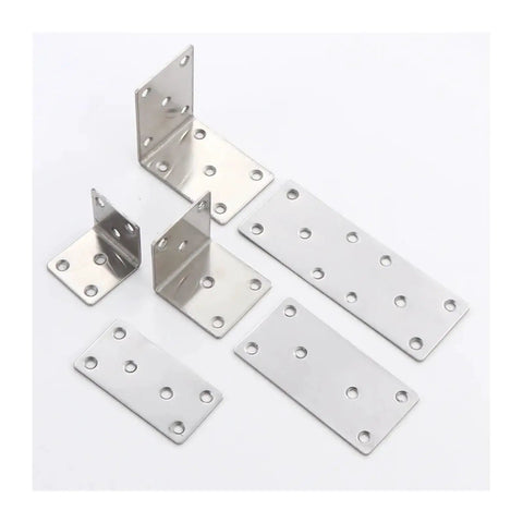 Rock Solid Eight Piece Stainless Steel L Shape Corner Brackets For Heavy Duty Shelving With Kickass Load Bearing Power That Keeps Every Workshop Setup Locked Down Tight displaying various sizes of stainless steel brackets.