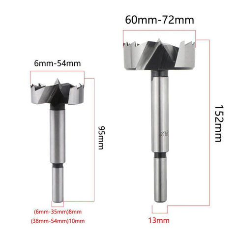 Amazon hinge-boring drill bit set; self-centering hole saws for woodworking, 6–54mm and 60–72mm sizes