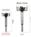 Hinge boring drill bits set; self-centering hole saws for woodworking, 2-piece with 6–54mm and 60–72mm sizes, metal