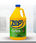 Pro Grade High Traffic Floor Polish Delivers A Tough As Nails Shine That Kicks Heel Marks Out Cold And Keeps Tile Rubber Vinyl And Asphalt Slip Safe In A Two Gallon Packing Case in yellow jug on counter.